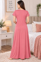 Women’s Elegant Floral Lace Embroidered Front Button Maxi Night Gown – Pink-Red| L/XL
