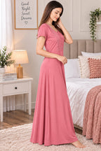 Women’s Elegant Floral Lace Embroidered Front Button Maxi Night Gown – Pink-Red| L/XL