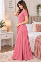 Women’s Elegant Floral Lace Embroidered Front Button Maxi Night Gown – Pink-Red| L/XL