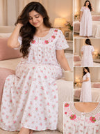 Women’s Purple Floral Printed Night Gown with Lace Detailing