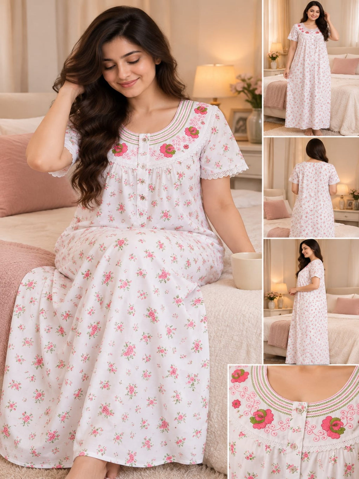 Women’s Purple Floral Printed Night Gown with Lace Detailing