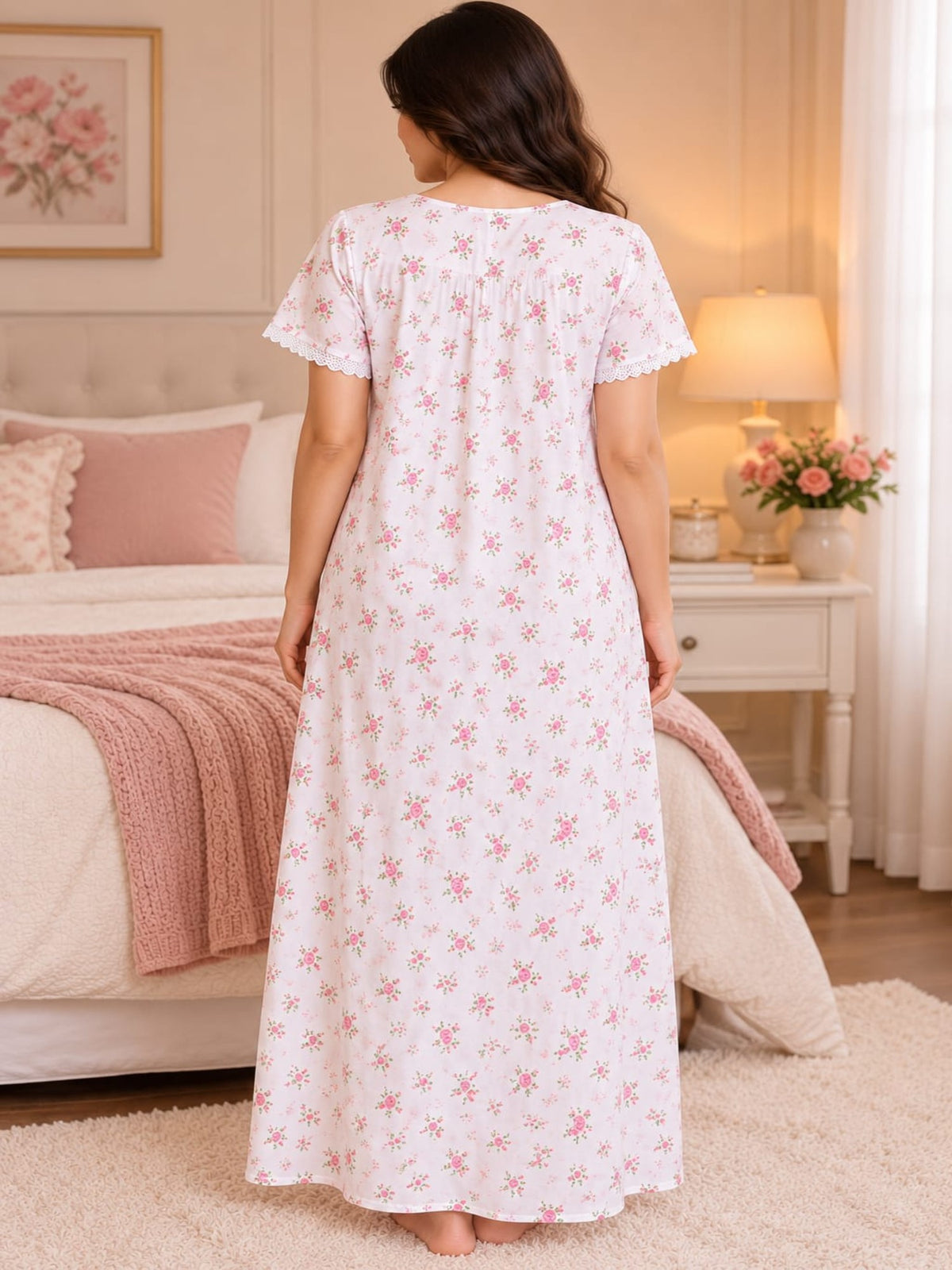 Women’s Purple Floral Printed Night Gown with Lace Detailing