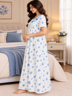 Women’s Purple Floral Printed Night Gown with Lace Detailing