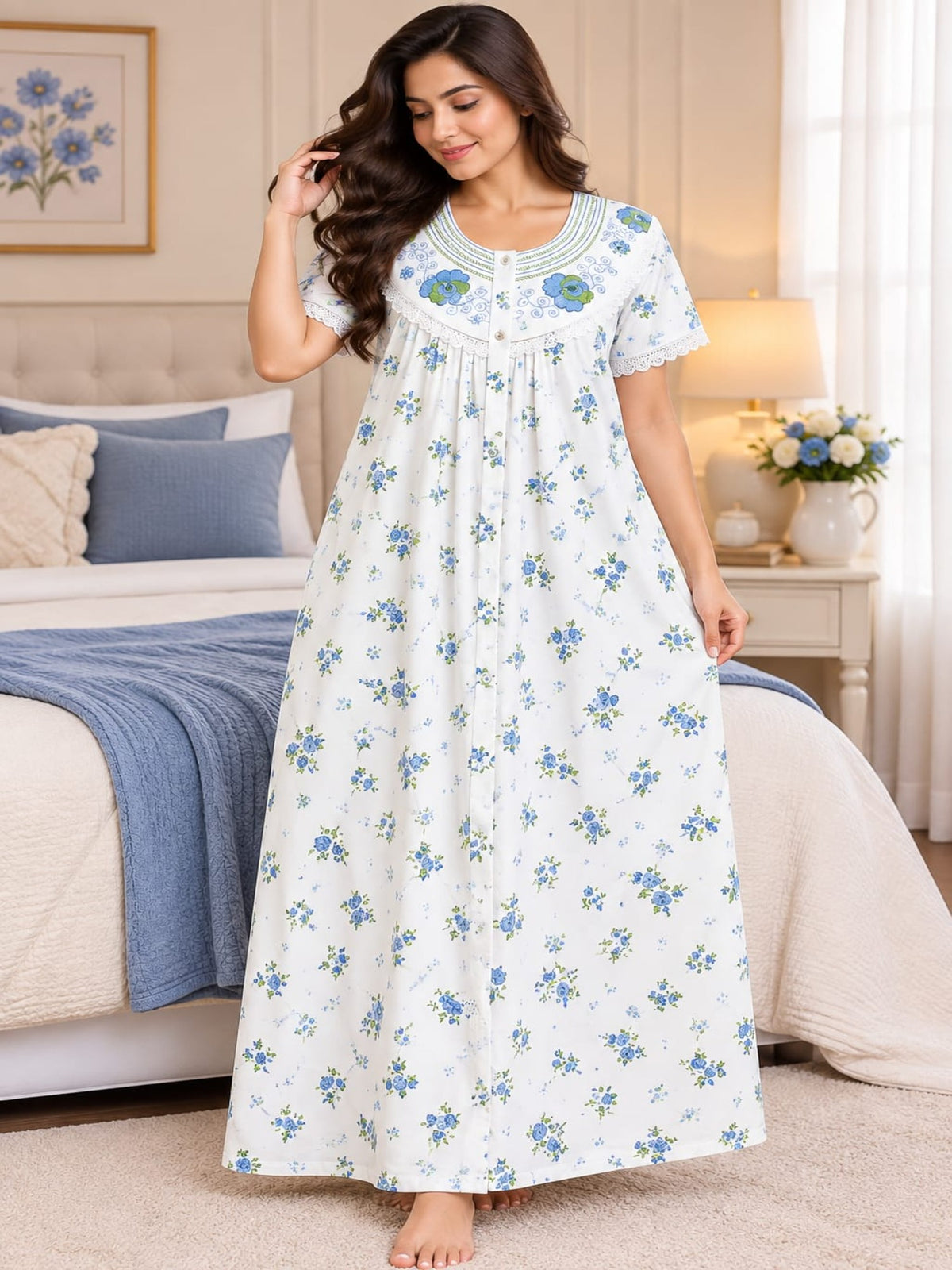 Women’s Purple Floral Printed Night Gown with Lace Detailing