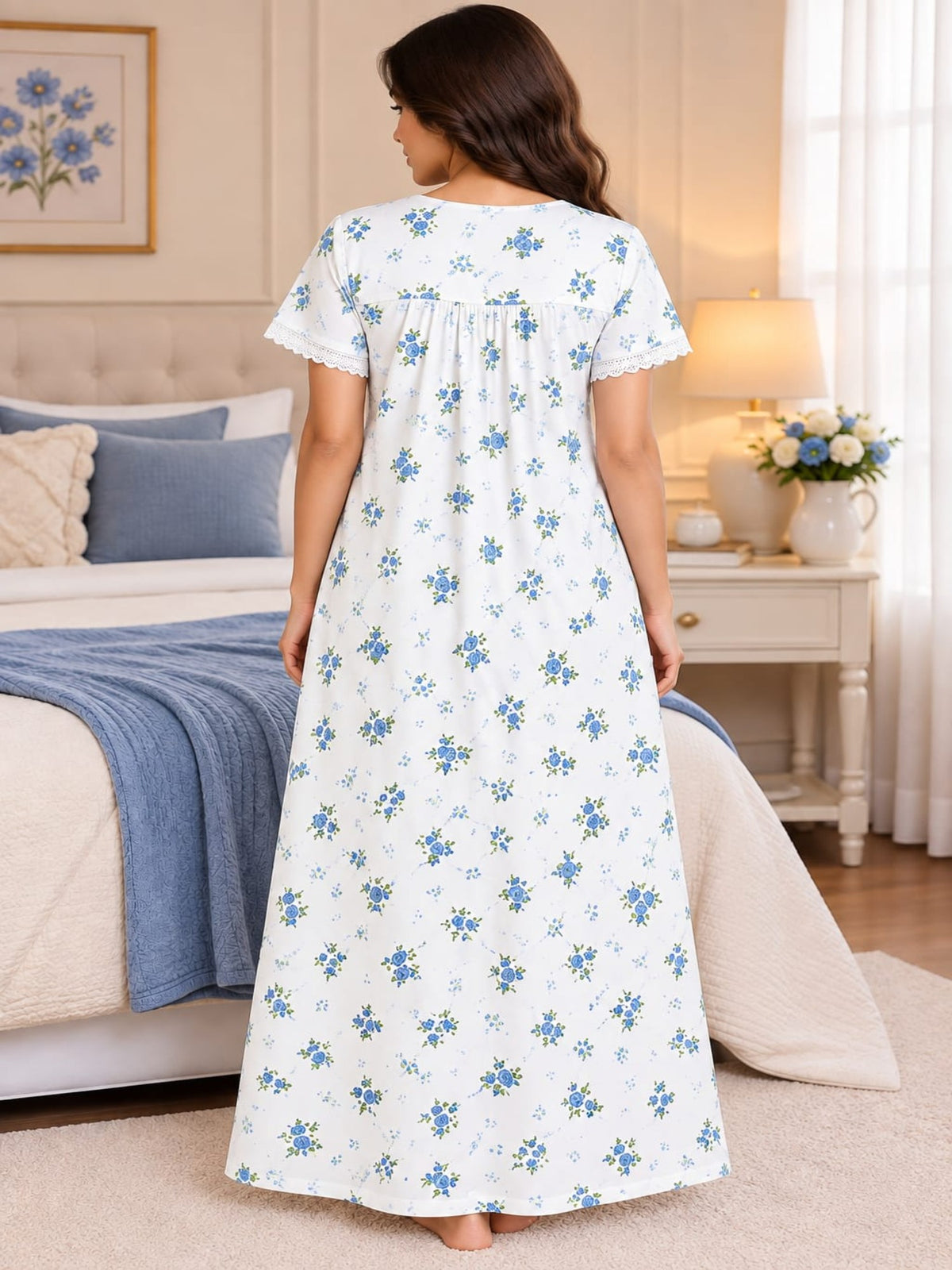 Women’s Purple Floral Printed Night Gown with Lace Detailing