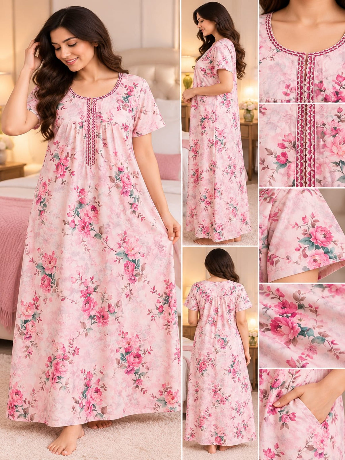 Women’s Floral Printed Full-Length Night Gown with Round Neck & Short Sleeves