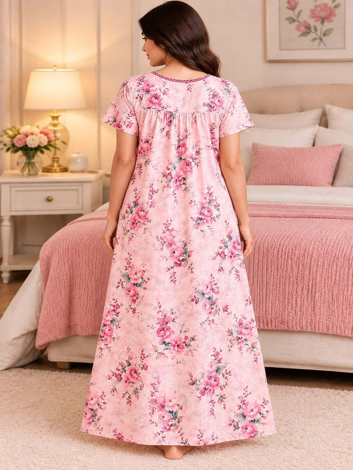 Women’s Floral Printed Full-Length Night Gown with Round Neck & Short Sleeves