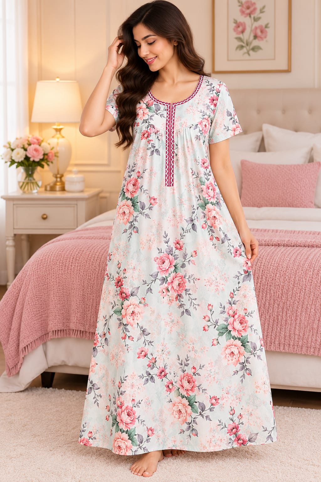 Women’s Floral Printed Full-Length Night Gown with Round Neck & Short Sleeves