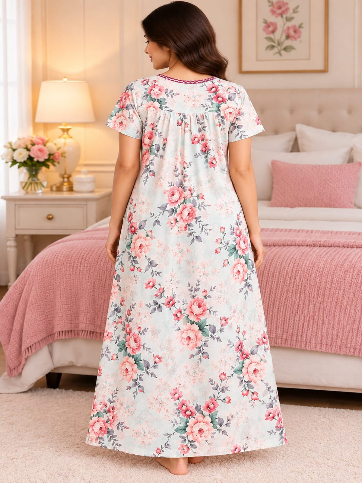 Women’s Floral Printed Full-Length Night Gown with Round Neck & Short Sleeves