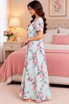 Women’s Floral Printed Full-Length Night Gown with Round Neck & Short Sleeves