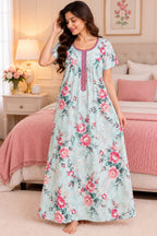Women’s Floral Printed Full-Length Night Gown with Round Neck & Short Sleeves