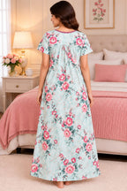 Women’s Floral Printed Full-Length Night Gown with Round Neck & Short Sleeves