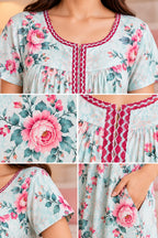 Women’s Floral Printed Full-Length Night Gown with Round Neck & Short Sleeves