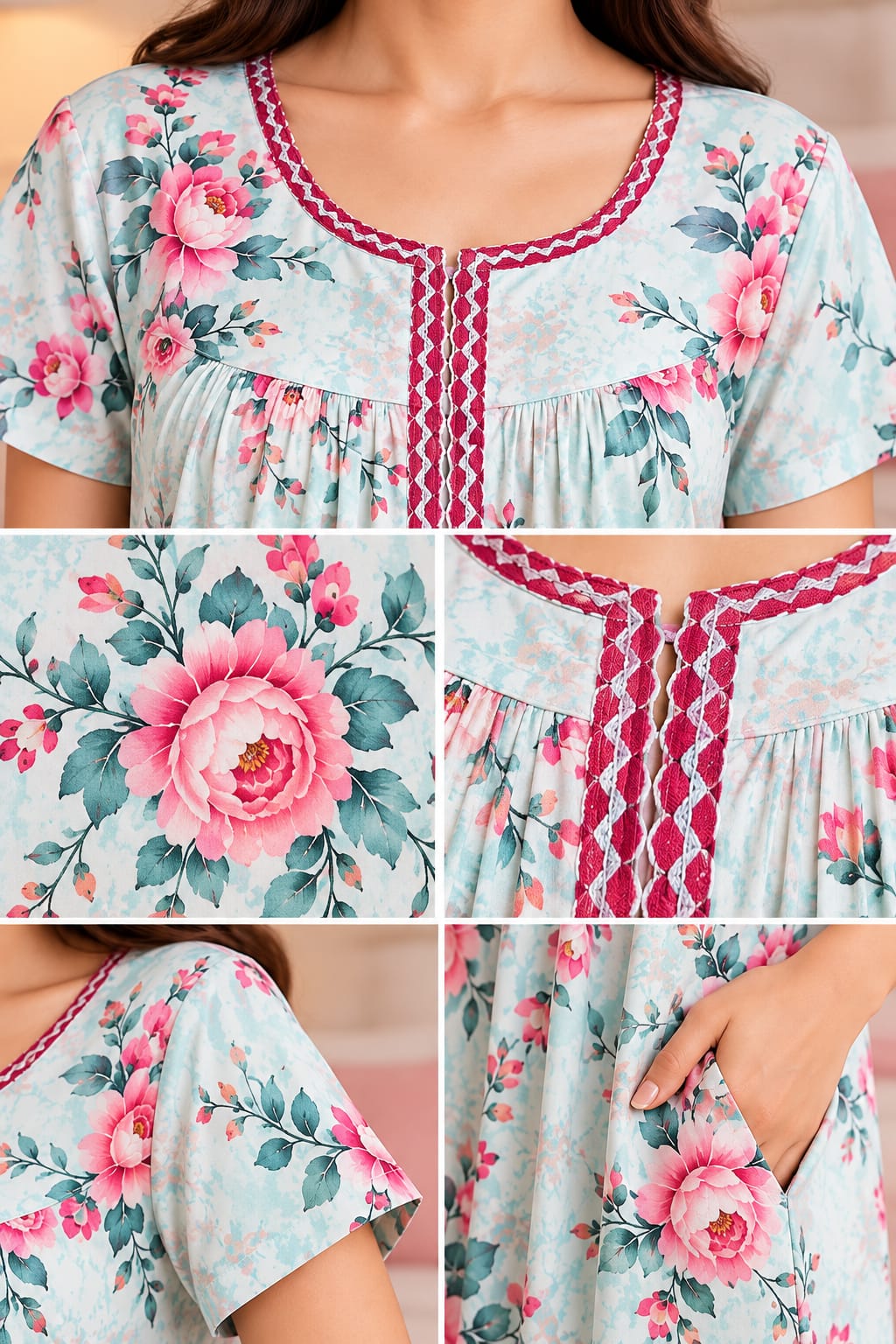 Women’s Floral Printed Full-Length Night Gown with Round Neck & Short Sleeves