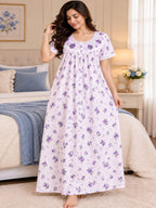 Women’s Purple Floral Printed Night Gown with Lace Detailing
