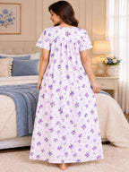 Women’s Purple Floral Printed Night Gown with Lace Detailing