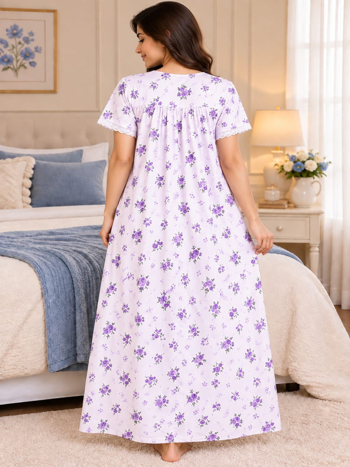 Women’s Purple Floral Printed Night Gown with Lace Detailing