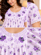 Women’s Purple Floral Printed Night Gown with Lace Detailing