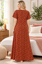 Women’s Floral Printed Night Gown with Lace-Detail Button Placket & Short Sleeves