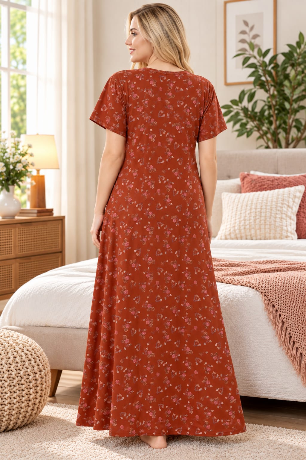 Women’s Floral Printed Night Gown with Lace-Detail Button Placket & Short Sleeves