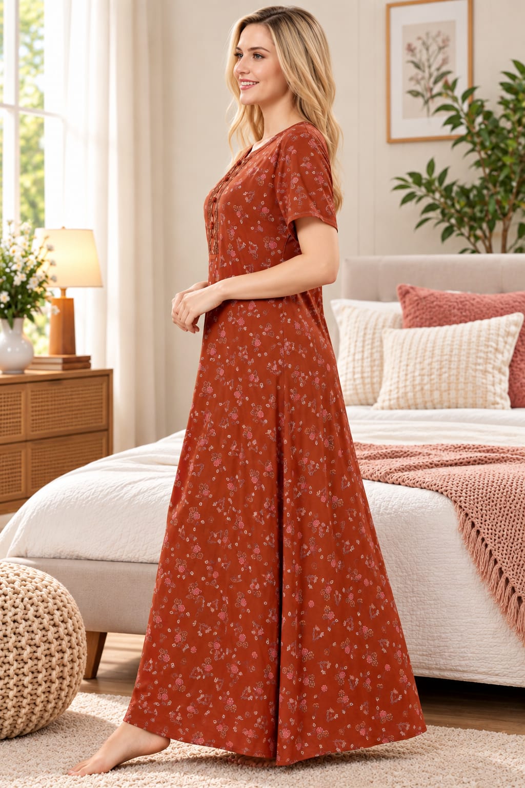 Women’s Floral Printed Night Gown with Lace-Detail Button Placket & Short Sleeves