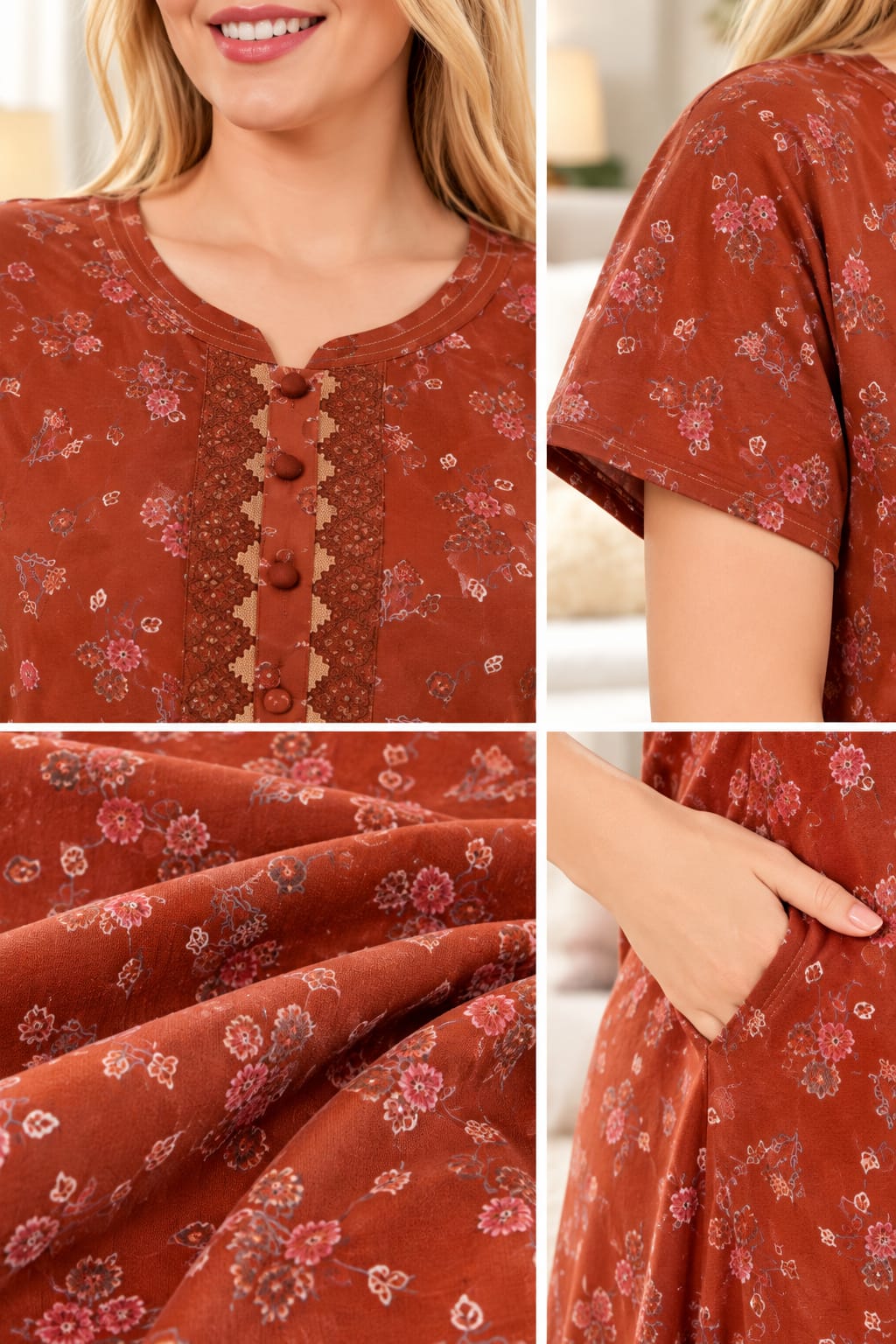 Women’s Floral Printed Night Gown with Lace-Detail Button Placket & Short Sleeves