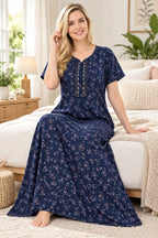 Women’s Floral Printed Night Gown with Lace-Detail Button Placket & Short Sleeves