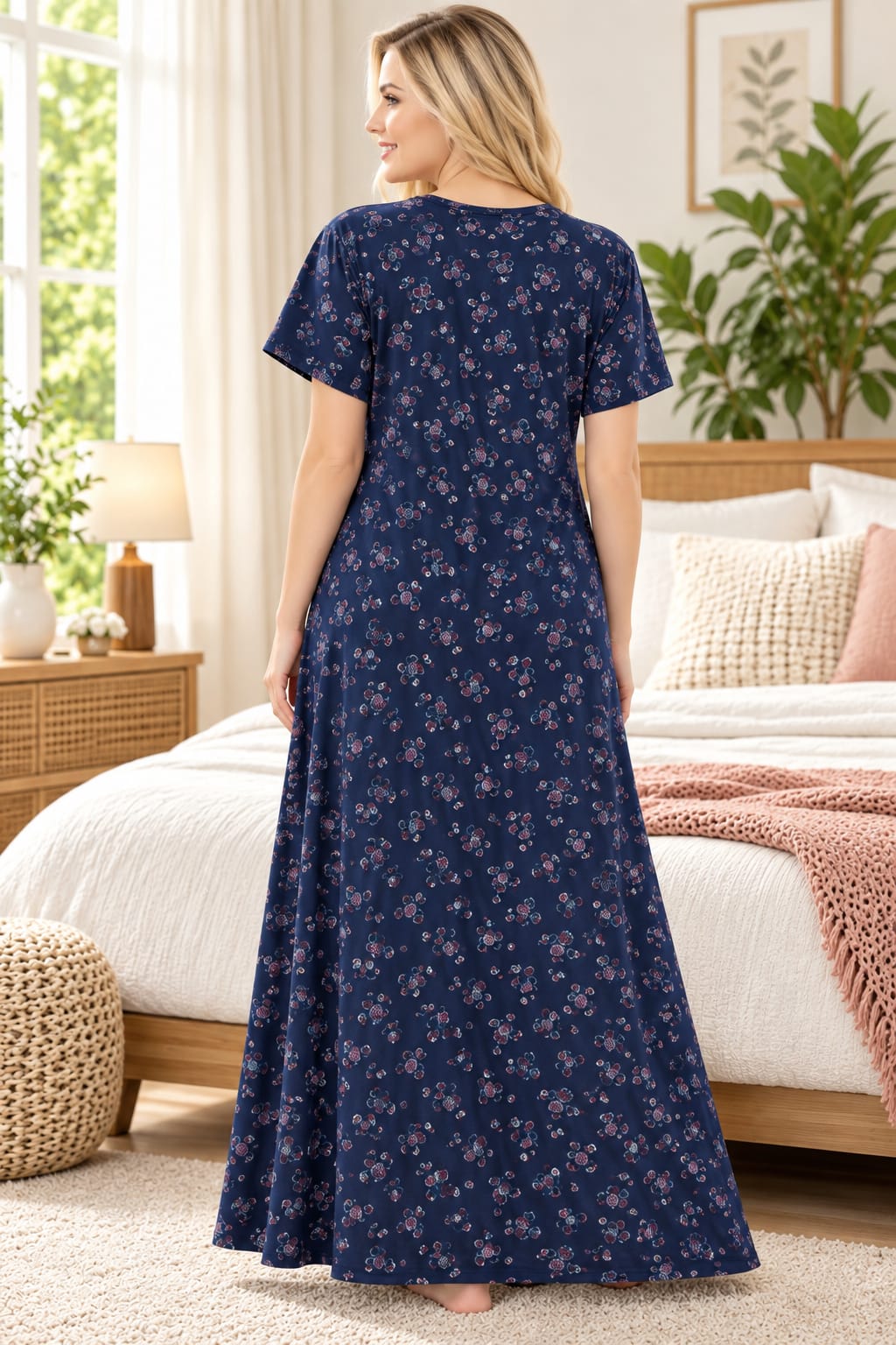 Women’s Floral Printed Night Gown with Lace-Detail Button Placket & Short Sleeves