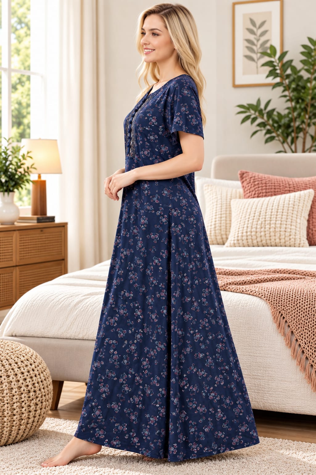 Women’s Floral Printed Night Gown with Lace-Detail Button Placket & Short Sleeves