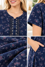 Women’s Floral Printed Night Gown with Lace-Detail Button Placket & Short Sleeves