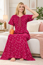 Women’s Floral Printed Night Gown with Lace-Detail Button Placket & Short Sleeves