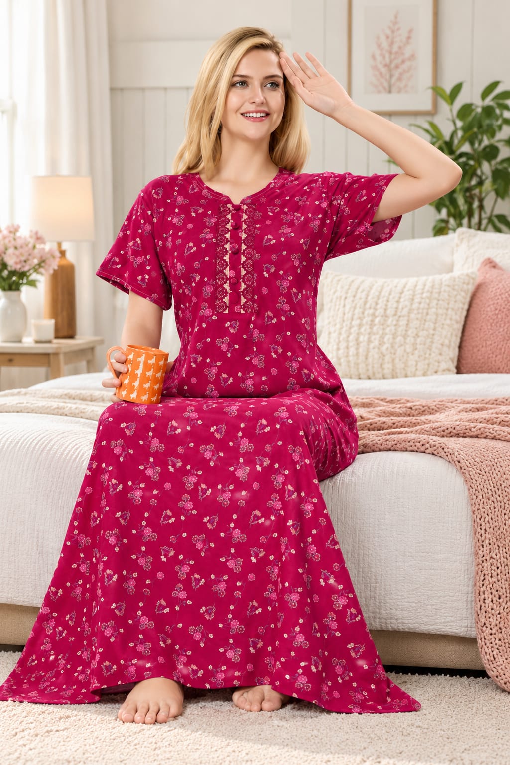 Women’s Floral Printed Night Gown with Lace-Detail Button Placket & Short Sleeves