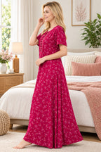 Women’s Floral Printed Night Gown with Lace-Detail Button Placket & Short Sleeves