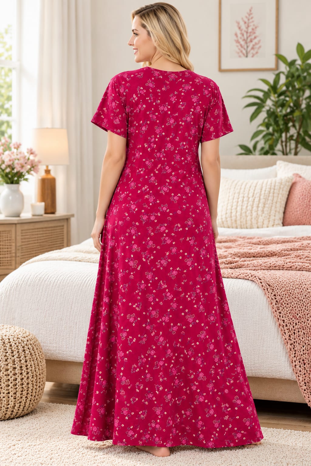 Women’s Floral Printed Night Gown with Lace-Detail Button Placket & Short Sleeves