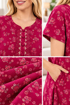 Women’s Floral Printed Night Gown with Lace-Detail Button Placket & Short Sleeves