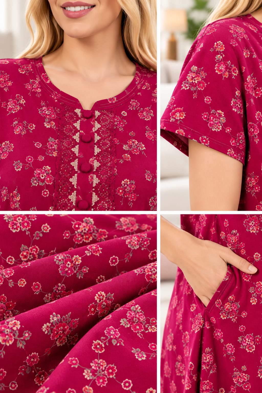 Women’s Floral Printed Night Gown with Lace-Detail Button Placket & Short Sleeves