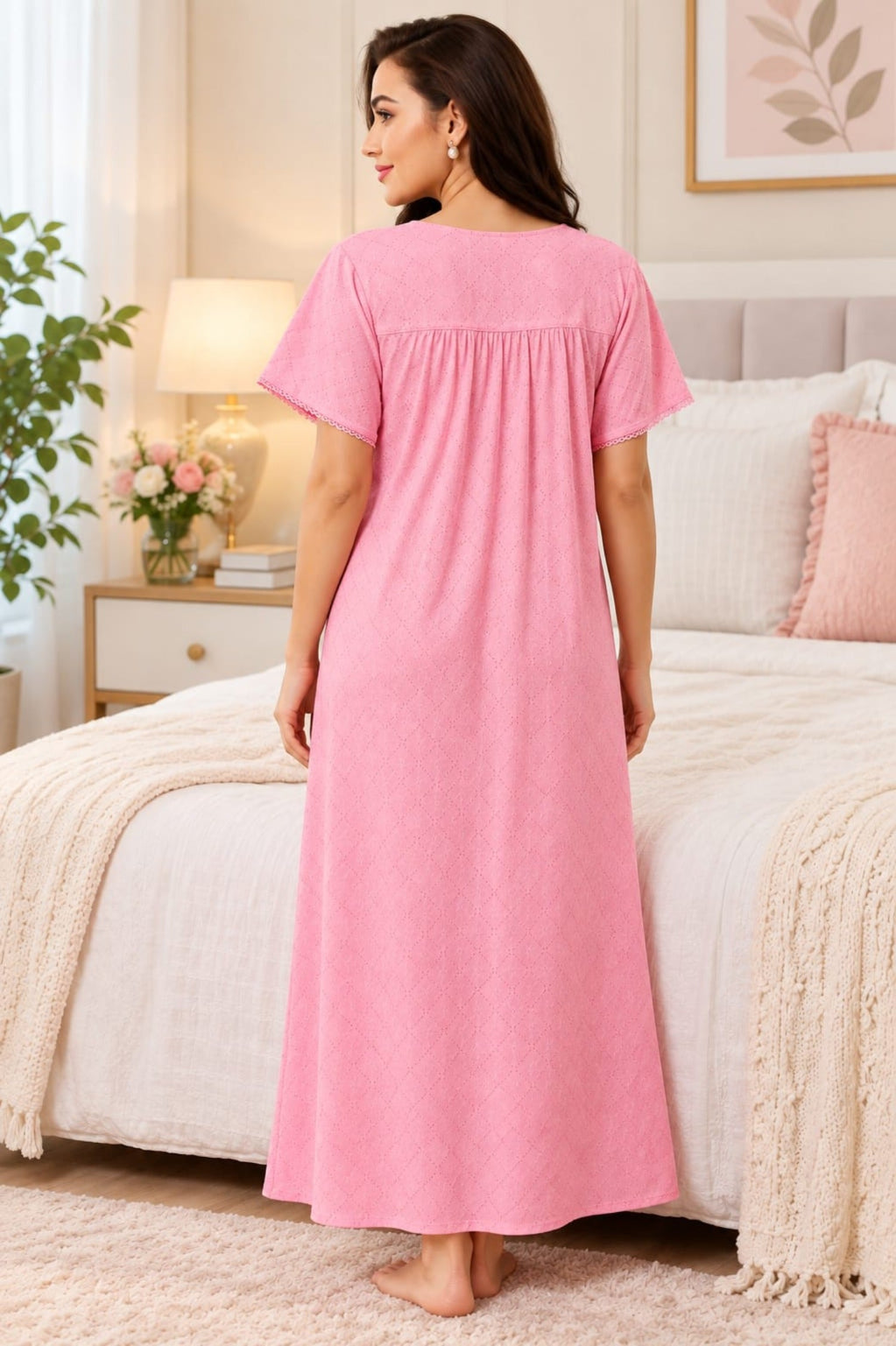 Women’s Pleated Night Gown with Button Front & Short Sleeves