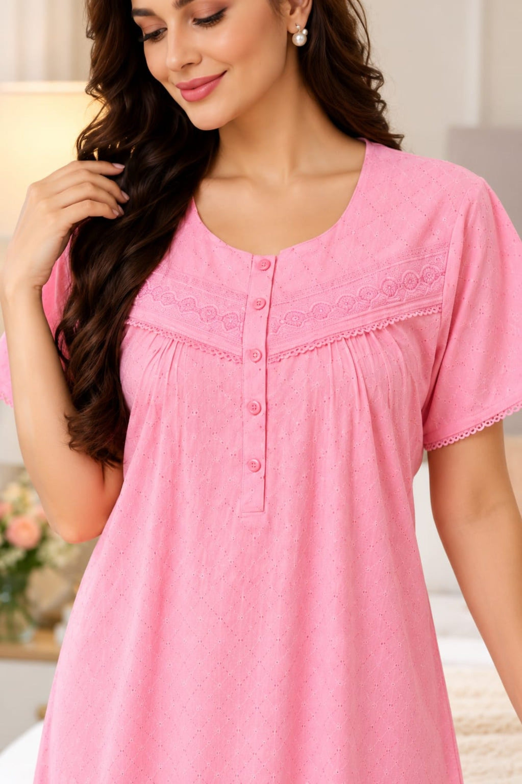 Women’s Pleated Night Gown with Button Front & Short Sleeves