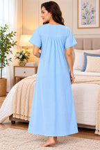 Women’s Pleated Night Gown with Button Front & Short Sleeves