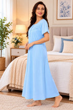 Women’s Pleated Night Gown with Button Front & Short Sleeves