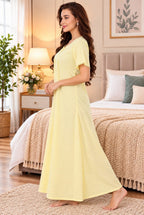 Women’s Floral Printed Embroidered Night Gown with Half Sleeves