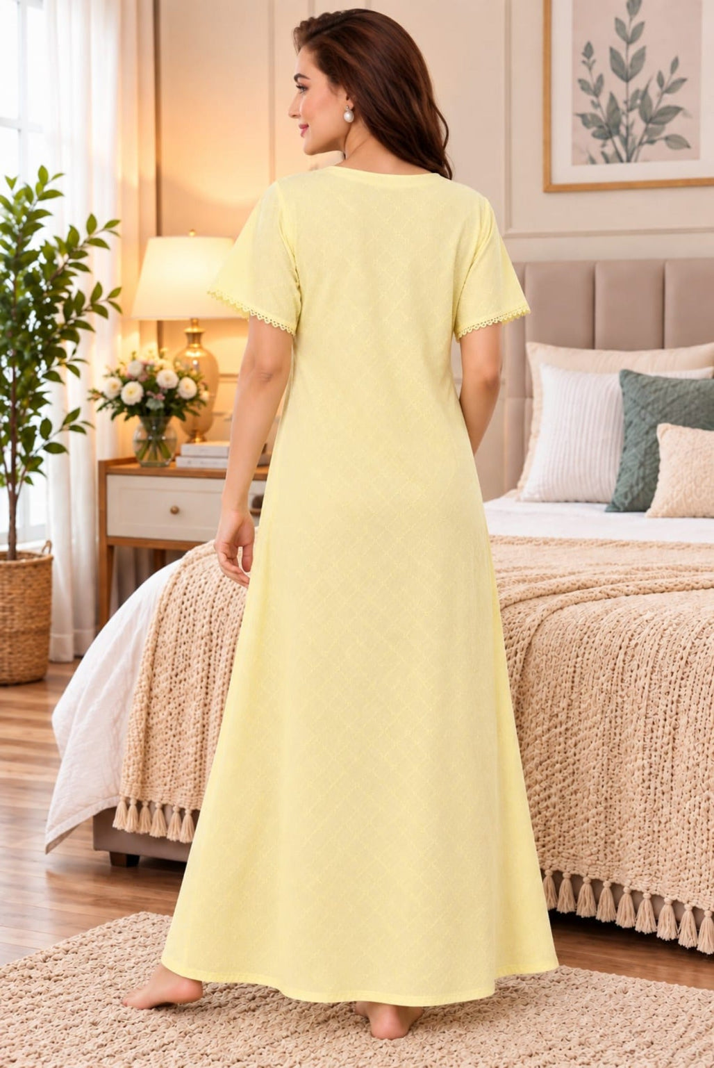 Women’s Floral Printed Embroidered Night Gown with Half Sleeves