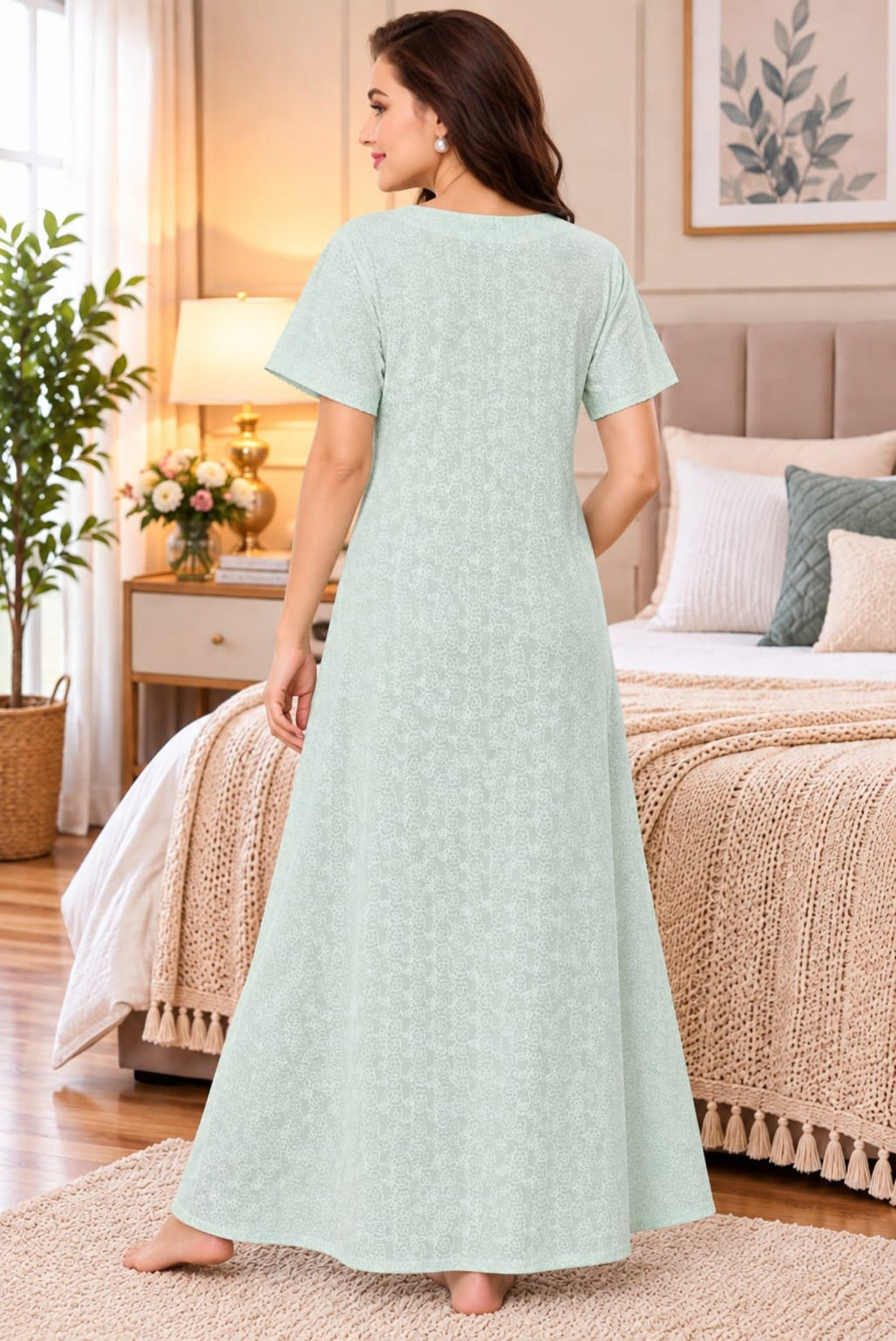 Women’s Floral Printed Embroidered Night Gown with Half Sleeves