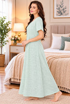 Women’s Floral Printed Embroidered Night Gown with Half Sleeves