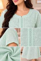 Women’s Floral Printed Embroidered Night Gown with Half Sleeves
