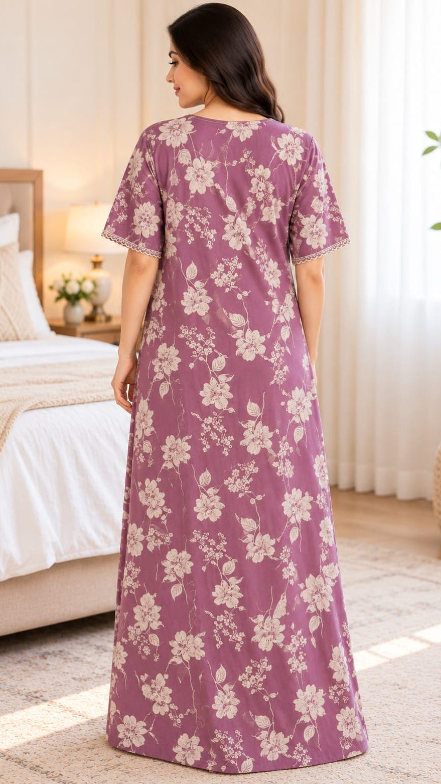 Women’s Floral Printed Embroidered Night Gown with Half Sleeves Secondary image