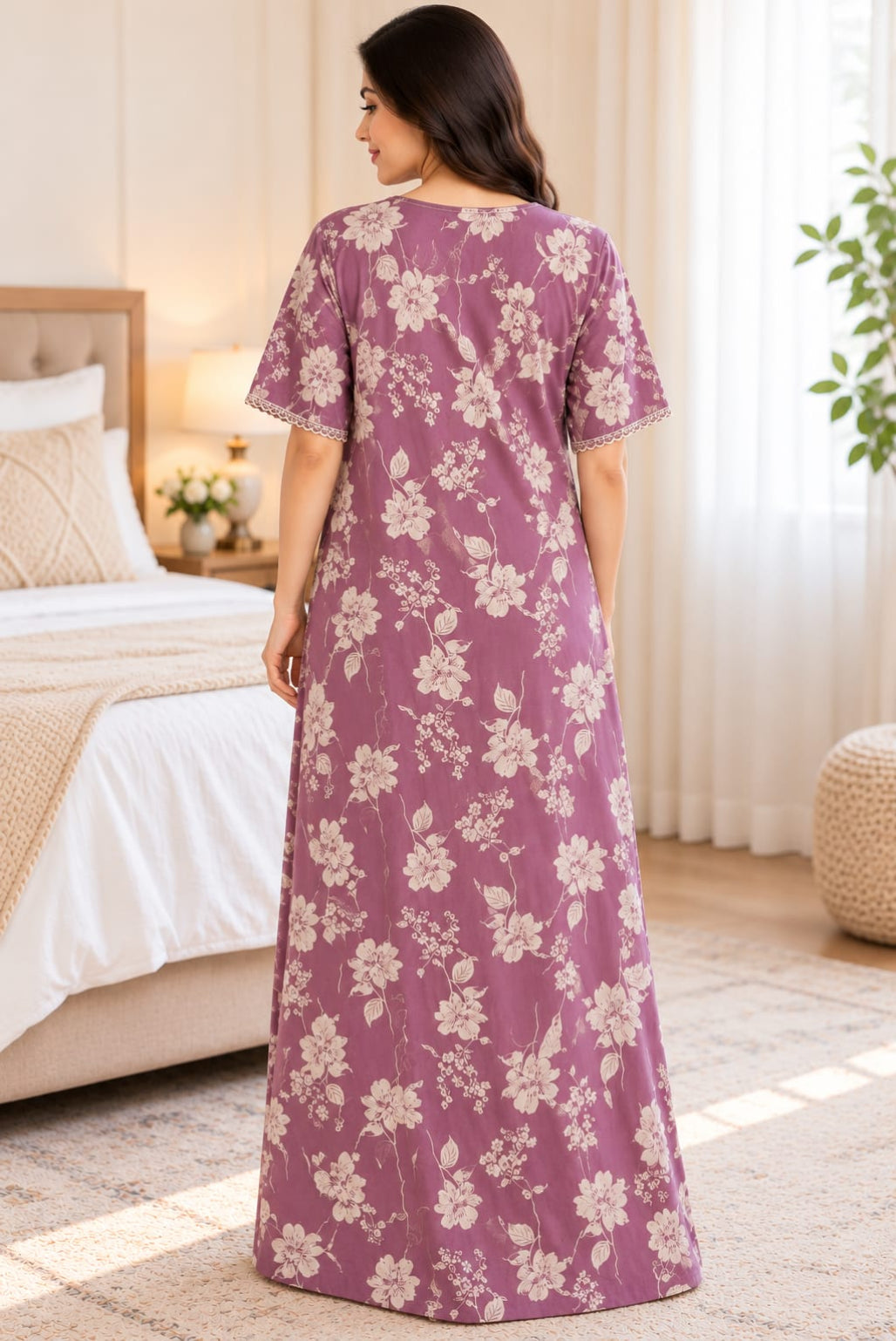 Women’s Floral Printed Embroidered Night Gown with Half Sleeves