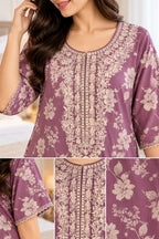 Women’s Floral Printed Embroidered Night Gown with Half Sleeves