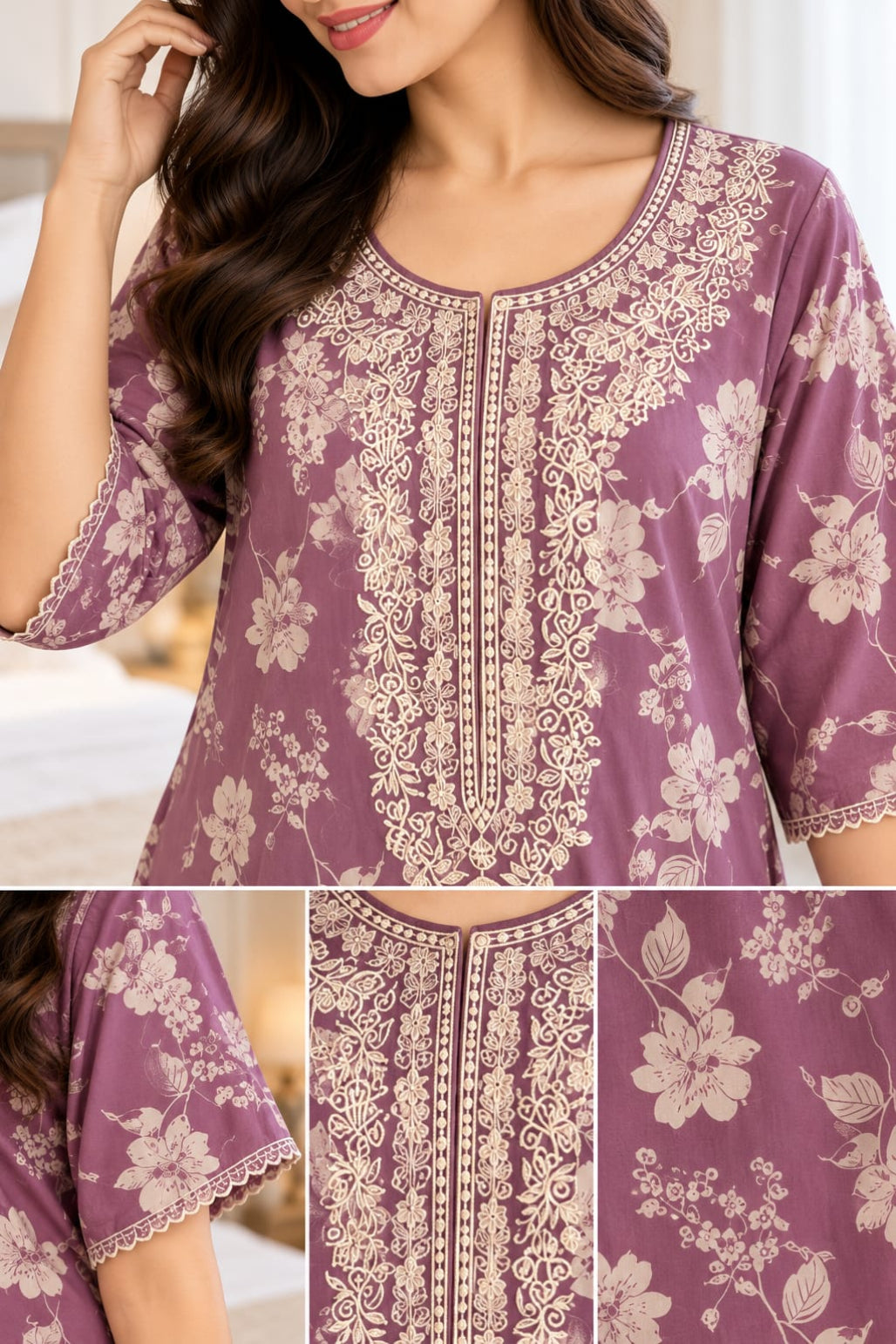 Women’s Floral Printed Embroidered Night Gown with Half Sleeves