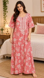 Women’s Floral Printed Embroidered Night Gown with Half Sleeves